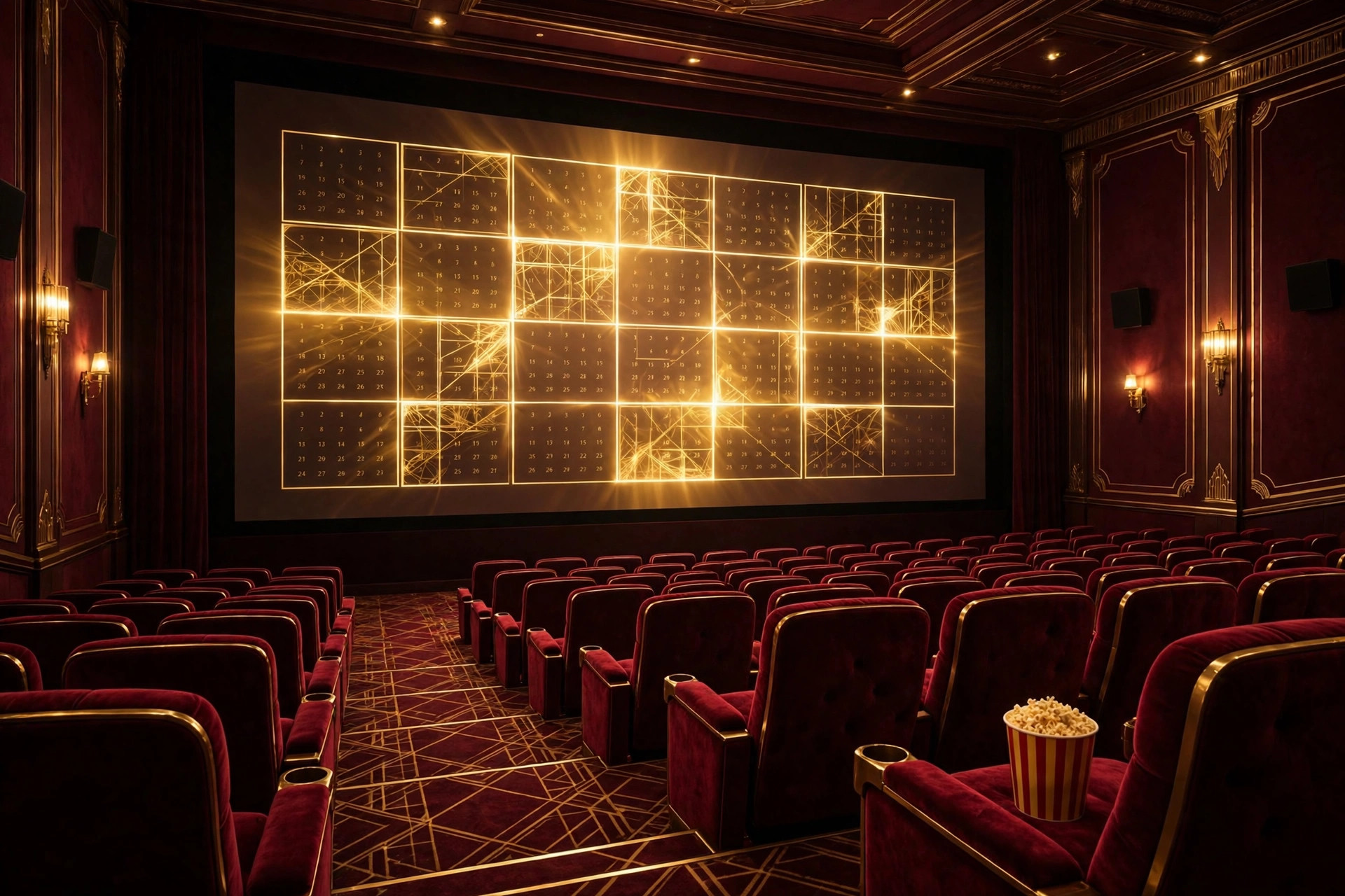 A cinema auditorium with red seats and a glowing calendar on screen — the biggest movie release dates of late 2026 include Ramayana, Avengers Doomsday and King