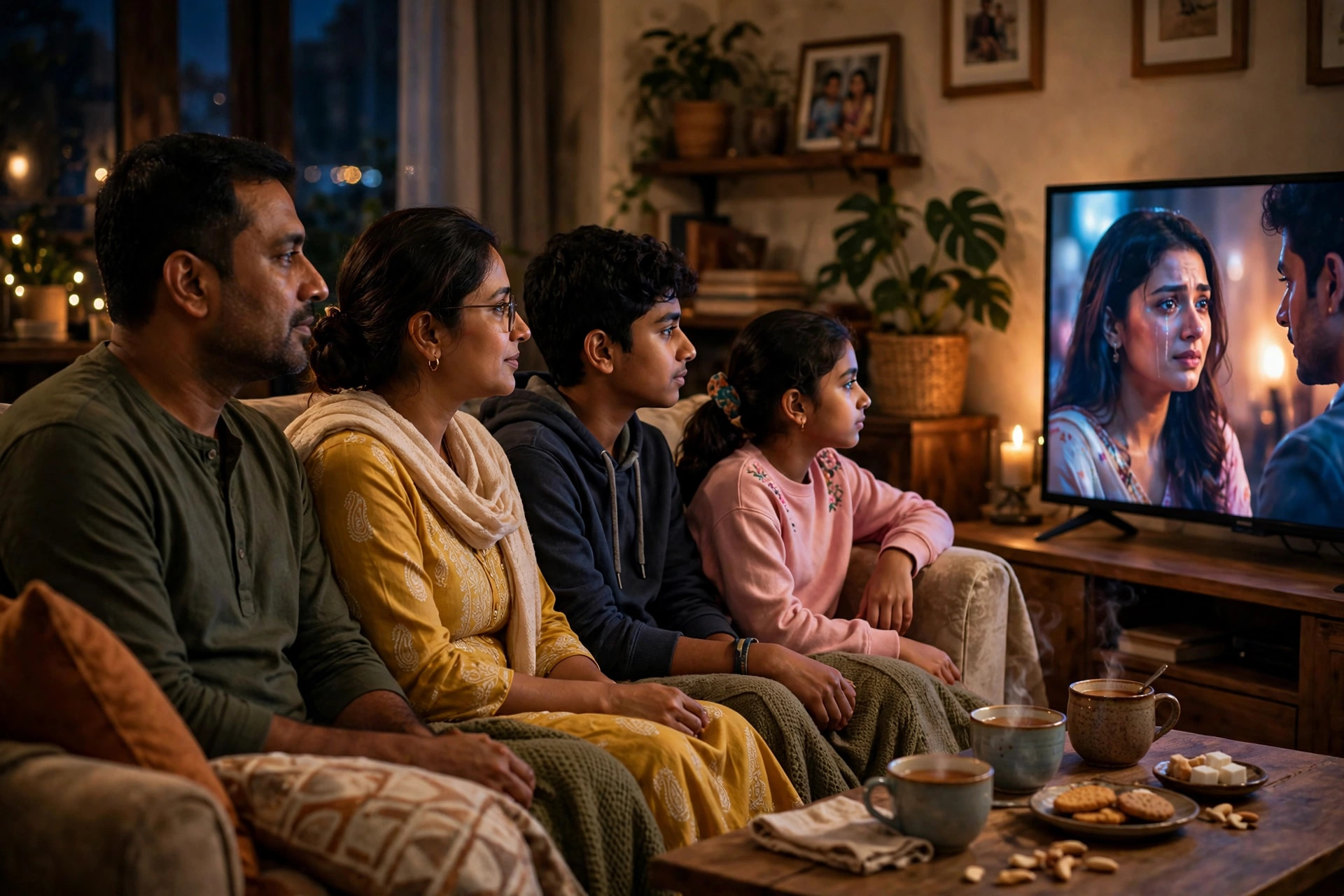 A family watching a Pakistani drama on television together at night — the trending Pakistani dramas of October 2026 include Dar-e-Nijaat and Sanwal Yaar Piya