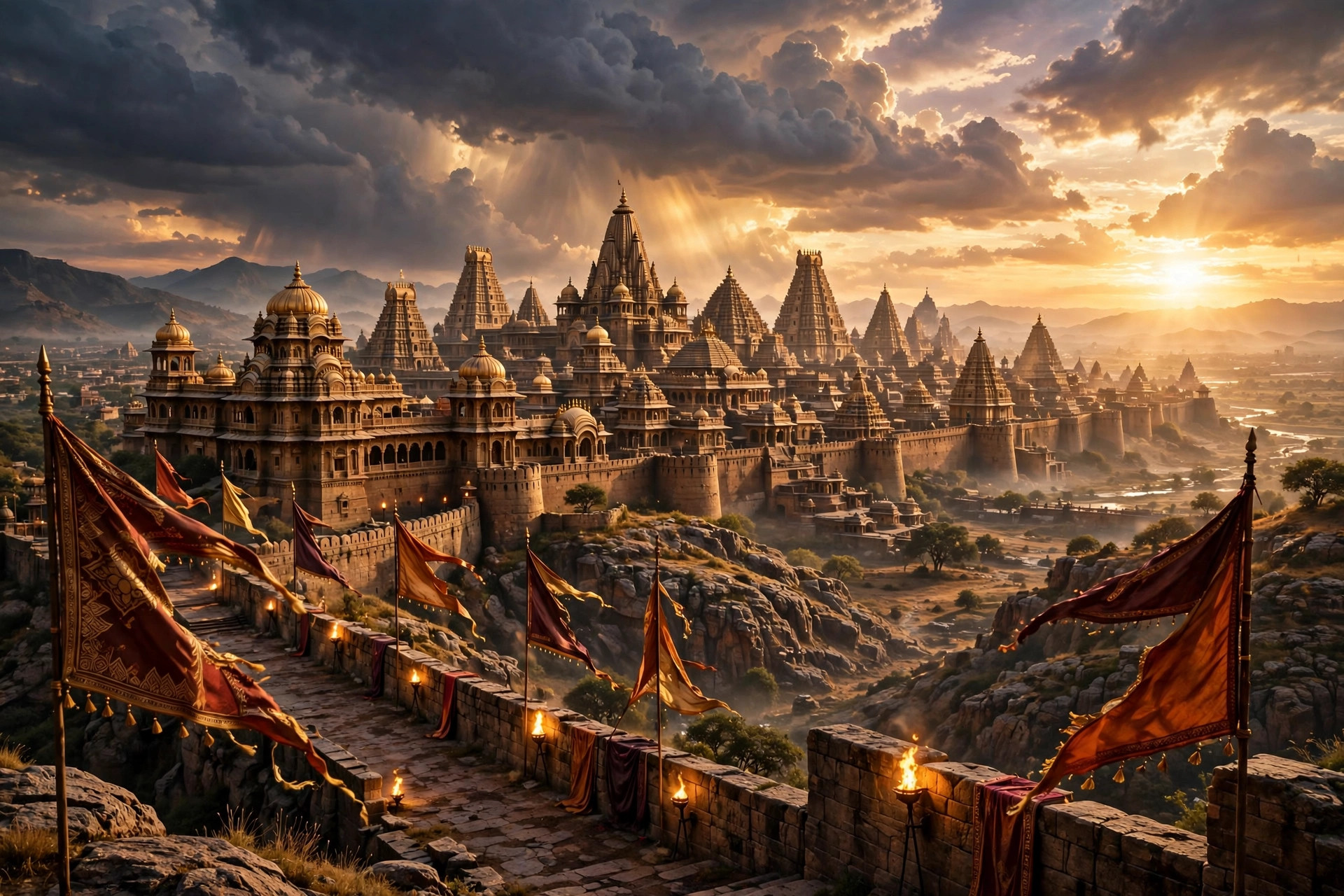 An ancient Indian palace skyline at golden hour, evoking the epic scale of Ramayana Part One, the November 2026 film starring Ranbir Kapoor